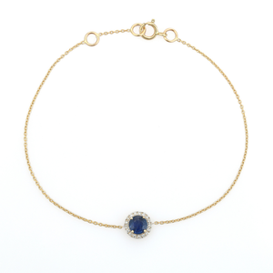 Simple Women Design Graduation Gift 14K Real Yellow <b>Gold</b> Round Cut Blue Sapphire & Diamond Minimalist Gemstone Halo Bracelet - Product Image 1