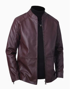 TRIBON SPORTS <b>Men's</b> Brown Cowhide <b>Leather</b> Bomber <b>Jacket</b> Stand Collar Zipper Closure Slim Fit Regular Sleeve Solid Color - Product Image 2