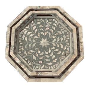 Dernier plateau en nacre incrusté de motifs floraux Plateau de service de forme hexagonale avec logo personnalisé Cadeau Eid Ramadan Décoration de table Articles ménagers - Product Image 1