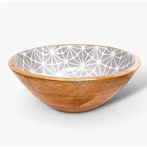 Juego de tazones para ensalada de madera de mango hechos a mano con incrustaciones impresas en esmalte |   Frutero Redondo Rústico de Madera para Cocina y Comedor - Product Image 5