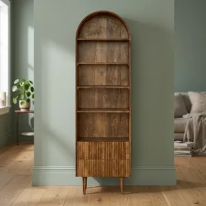 Estantería de Madera Vintage con Arco, Librería con Cinco Estantes y Dos Cajones, Mueble Alto de Almacenamiento y Exhibición para Sala de Estar o Dormitorio - Product Image 5