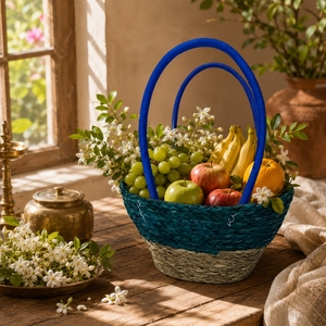 Handwoven <b>Straw</b> Tote <b>Bag</b> with Blue Zipper and Tassel Handles Portable Cotton and Polyester Lining for All Seasons - Product Image 3