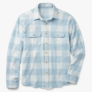 Chemise en flanelle tricotée bleu clair unie pour homme, manches longues, col rabattu décontracté, 100 % coton respirant, idéale pour l'été - Product Image 1
