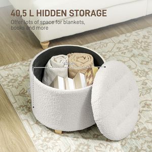 Pouf Rotondo in Tessuto Teddy da 18 Pollici con Bottoni Trapuntati, Contenitore e Gambe in Legno Bianco per Soggiorno e Corridoio - Product Image 4