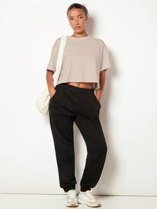 Casual Boxy Fit Short Sleeve Women's Shirts Beige Cropped Drop Shoulder Tee Round Neck Custom Tan Summer Blouse Plain <b>Tops</b> OEM - Product Image 4