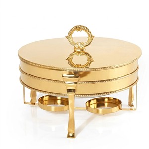 Luxury round chafing dish stainless steel <b>buffet</b> <b>warmer</b> with brass handle border catering hotel food <b>warmer</b> with lid - Product Image 3