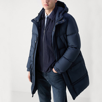 Veste d'hiver pour homme, longue, à capuche, rembourrée en coton, coupe-vent, col montant épais, fermeture éclair, motif camouflage, bleu marine sur le devant