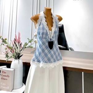 เดรสผู้หญิงลายสก็อตผ้าลูกไม้แบบผูกคอทรงเอไลน์เอวเข้ารูปสไตล์วินเทจสำหรับฤดูร้อน - Product Image 1