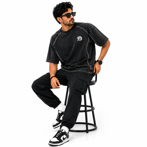 T-shirt Homme Oversize en Coton Délavé Coupe Boxy Épaules Tombantes Coutures Contrastantes Streetwear Lourd Décontracté Été - Product Image 5