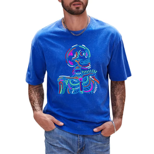 T-shirt décontracté bleu pour homme avec imprimé crâne néon, manches courtes, en coton, pour l'été, avec logo sur le devant, en tissu popeline respirant - Product Image 1