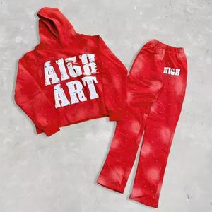 Sweat à capuche vintage 100 % coton pour homme, grande taille, coupe courte, ourlet brut, délavé à l'acide, imprimé personnalisé, effet soleil éclairé, avec strass, pour l'hiver - Product Image 2