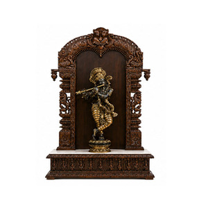 Traditional South Indian Style Open Temple Designs Wooden Pooja <b>Mandir</b> with Antique Brass Krishna Statue For Living Room UK Sale - Product Image 1