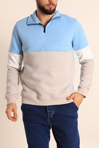 Sweat-shirt pour homme à col montant zippé, coupe droite, tricoté, color block, décontracté, pour l'automne, bleu clair et beige, manches longues - Product Image 4