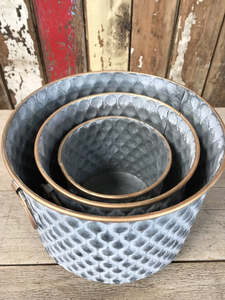 Ensemble de 3 jardinières rondes en métal, style industriel, finition galvanisée avec poignées en laiton, pots décoratifs pour l'intérieur et l'extérieur - Product Image 3