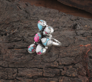 Bague en argent sterling 925 avec fleur turquoise et pierres multiples, sertie en grappe à bord dentelé, style classique, pour femme, vente en gros - Product Image 2