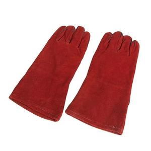 Red Leather <b>Welding</b> <b>Gloves</b> With Cotton Liner Straight Thumb Protection Lengthened Stitching Gardening <b>Welding</b> - Product Image 1