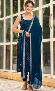 Conjunto de Kurta, Pantalón y Dupatta de Moda para Mujer Leranath, Verde, Sin Mangas, con Estampado de Algodón, Materiales Reciclados, Traje Salwar para Boda - Product Image 2