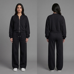 <b>Women</b> Cropped Bomber Jacket Zip Up Sweatshirt Wide Leg Sweatpants 2 Piece Tracksuit Set Casual <b>Fleece</b> <b>Jogger</b> Outfit Wholesale - Product Image 6