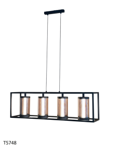 Suspension LED rectangulaire moderne, cadre en fer noir, abat-jour en verre à 4 cylindres, blanc chaud 3500K pour salle à manger T5748 - Product Image 1