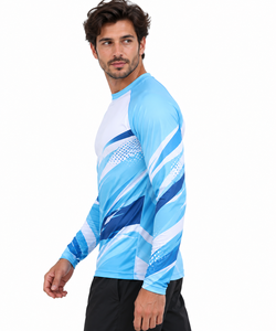 Men's Long Sleeve <b>Geometric</b> Print Sporty T-<b>Shirt</b> Quick Dry Slim Fit O-Neck Blue White Patterned Knitted Polyester - Product Image 2