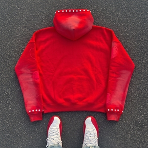 <b>Red</b> Unisex Hoodie Sun Faded Puff Print logo Rhinestone Trim Oversized Streetwear <b>Sweatshirt</b> - Product Image 2