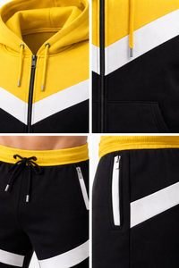 Conjunto de chándal con capucha y rayas en V en amarillo y negro para hombre, con chaqueta con cremallera y pantalones deportivos ajustados, ropa deportiva estilo streetwear - Product Image 6
