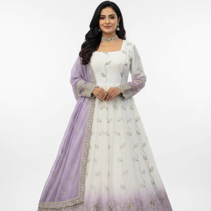 Ensemble élégant Anarkali en Georgette avec pantalon et dupatta, broderie de fils et de sequins, style Bollywood pour les occasions festives - Product Image 1