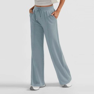 Women's <b>High</b> <b>Waist</b> Wide Leg Pants Solid Color Drawstring Closure Loose Fit Full Length Cotton Terry Casual Trousers Spring Style - Product Image 3