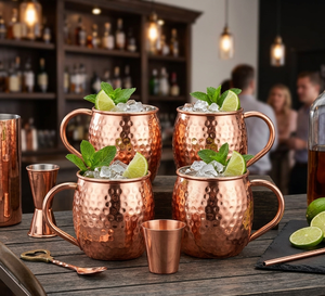 Set 4 Handmade Copper Mule Mug Hammered Texture Multi-Use Handle <b>Drinkware</b> for Lid Eco-Friendly Food-grade Safe Coffee - Product Image 1