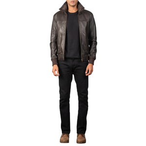 <b>Men</b>’s Dark Brown Genuine <b>Leather</b> <b>Bomber</b> Jacket Classic Collar Full Zip Ribbed Cuffs Premium Casual Winter Outerwear - Product Image 6
