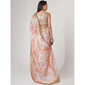 Impresionante Sari de fiesta de organza con estampado floral blanco con blusa - Product Image 4