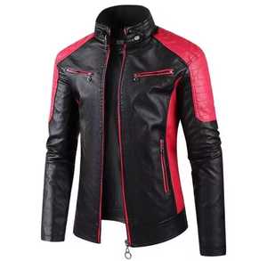 <b>Men's</b> Genuine <b>Leather</b> Moto <b>Jacket</b> Stand Collar Zipper Closure Slim Fit Color Blocking Autumn Style Waterproof Casual Regular - Product Image 1