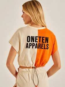 ONETEN APPARELS T-shirt court femme color block col rond manches courtes coupe ample avec logo - Product Image 3