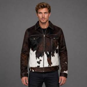 Chaqueta de Cuero Genuino para Hombre, Estilo Motero, con Estampado Animal, Cuello Camisero, Cierre de Botones Cubiertos, para Verano - Product Image 4