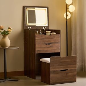3-in-1 Compact Makeup Vanity Set Flip Top Mirror <b>Small</b> Make-Up Vanity with Visible Glass Desktop for Apartment Use 3 <b>Draw</b> - Product Image 2
