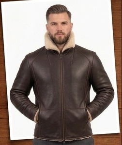 Men's Real <b>Sheepskin</b> Leather Vintage Style Breathable Eco-Friendly Winter Bomber <b>Jacket</b> with Fake Fur Lining - Product Image 1