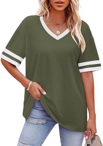 Camiseta de Manga Corta con Cuello en V para Mujer, Color Verde Sólido, Corte Holgado, Informal, de Algodón Jersey, Estilo Primavera-Verano - Product Image 5