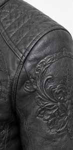 Blouson en cuir gaufré pour homme, style motard, col montant, fermeture éclair, coupe ajustée, style automne - Product Image 5