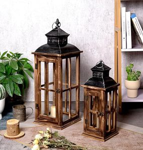 Lanterne en bois vintage, porte-bougie décoratif, lanterne suspendue avec dessus en métal et panneaux en verre - Product Image 5