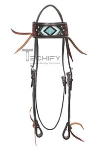 Ensemble de serre-tête et de collier de poitrine en cuir véritable Western perlé à un prix abordable - Product Image 4