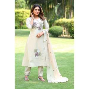 Vestidos color marfil recién lanzados con hermoso trabajo de bordado en relieve, con parte superior, parte inferior y dupatta incluidas. - Product Image 1