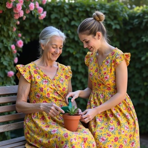 เดรสคลุมท้องแขนระบายสำหรับผู้หญิงทำมือดีไซน์ลายดอกไม้ชุดเดรสคลุมท้องสีเหลืองผ้าคอตตอนน้ำหนักเบา - Product Image 5