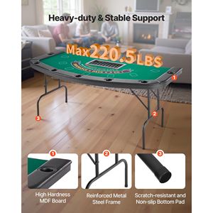 Table de poker pliable de 72 pouces pour 7 joueurs, semi-ovale, portable, pour le jeu et les loisirs, avec rails rembourrés et porte-gobelets - Product Image 6