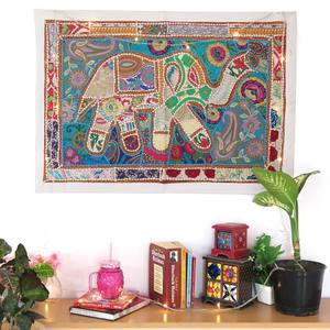 Tapisserie murale brodée à la main motif éléphant, patchwork de paillettes, chemin de table, broderie ethnique décorative - Product Image 1