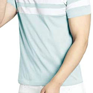 T-shirt rayé à manches courtes pour homme, col rond, coupe classique, décontracté, en coton tricoté respirant, motif bleu clair et blanc - Product Image 5