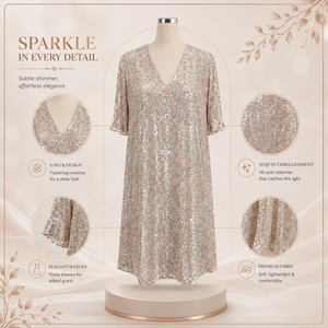 Womens <b>Silver</b> Sequin Shift Midi <b>Dress</b> V Neck Half Sleeve Sparkly Evening Party Cocktail Wedding Formal Loose Fit Shimmer Elegant - Product Image 5