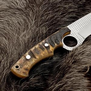 Cuchillo de caza y camping de hoja fija de acero raspado con mango de cuerno de carnero, filo biselado, funda de cuero tipo pancake, espiga completa, OEM/ODM, para desollar. - Product Image 5