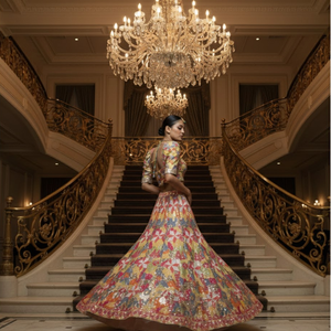 Lehenga Choli de luxe pour mariage, conçu par des créateurs |   Robe de mariée multicolore en dentelle à sequins et broderies de cristaux, coupe trapèze, longueur ras du sol, sur mesure - Product Image 3