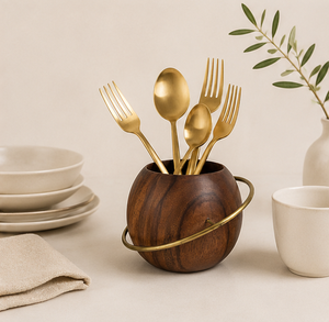 Porte-couverts et organisateur de cuisine multifonctionnel en bois Saturne Céleste fait main avec accent en laiton – Support durable - Product Image 3