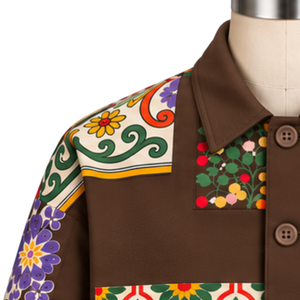 Chaqueta de Trabajo Personalizada con Mosaico Marrón, Parches Florales Multicolores, Estampado, Cierre de Botones, Estilo Casual Urbano, con Bolsillos Funcionales - Product Image 5